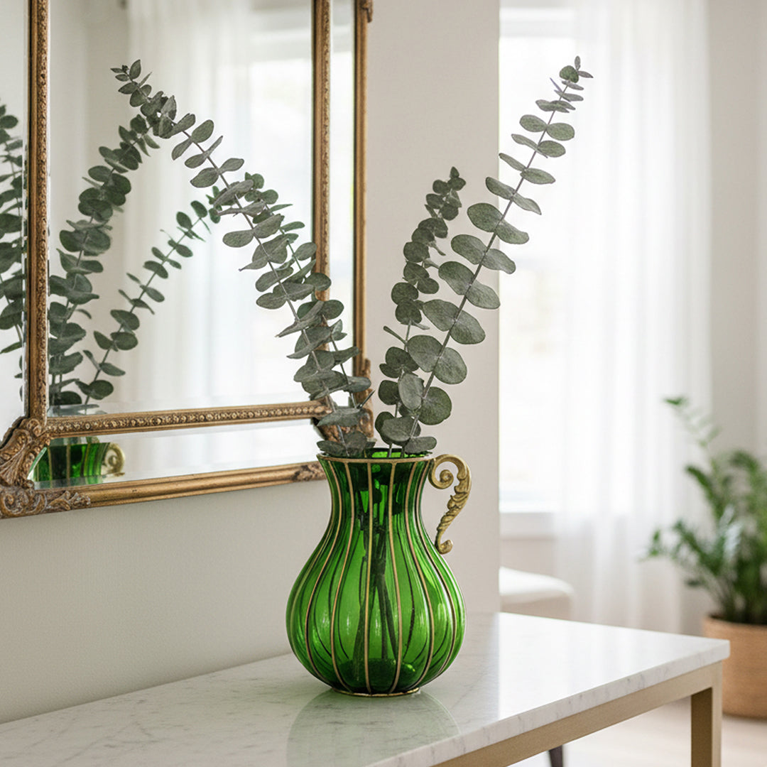 Green European Glass Flower Vase with Metal Handle