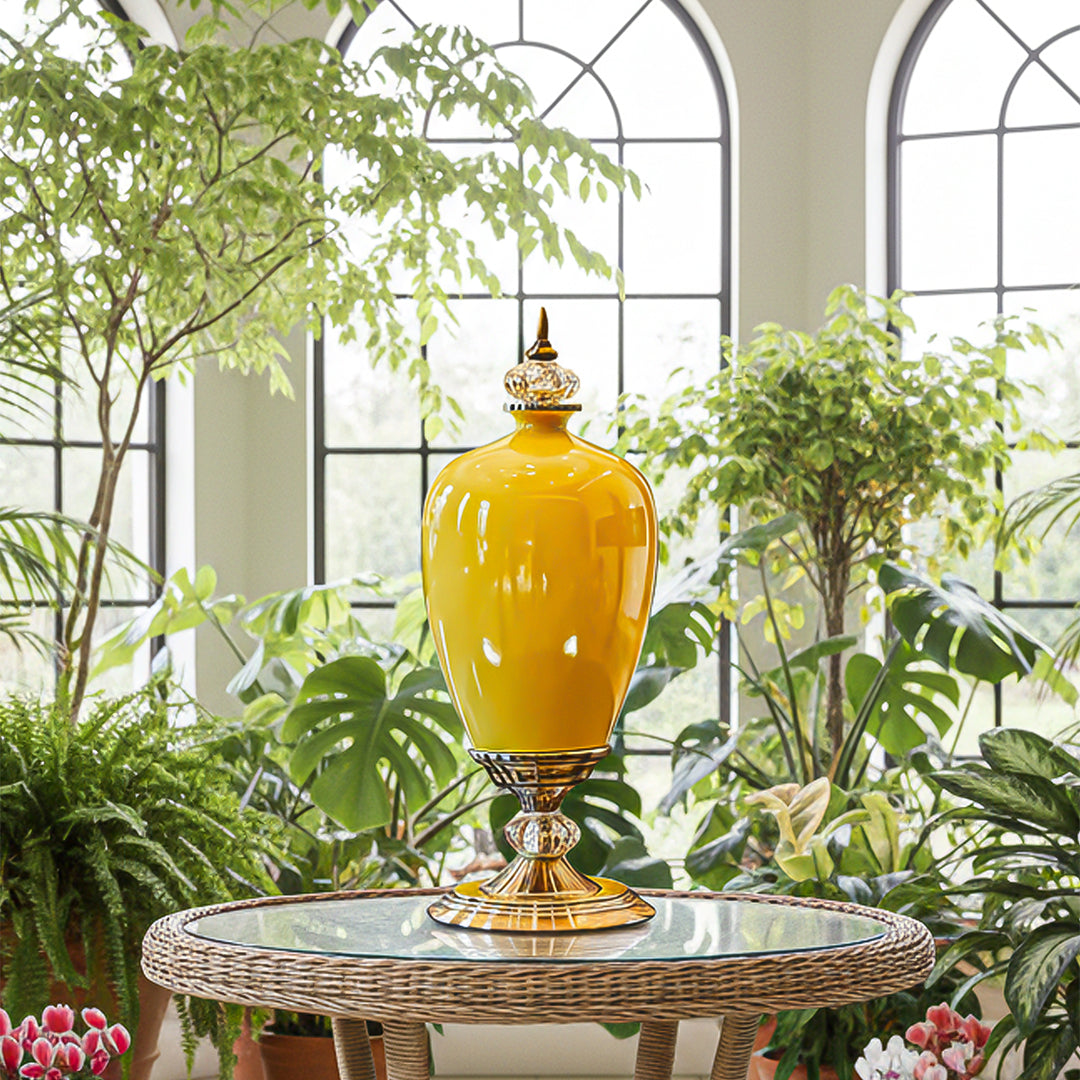 42cm Ceramic Vase with Gold Metal Base Yellow