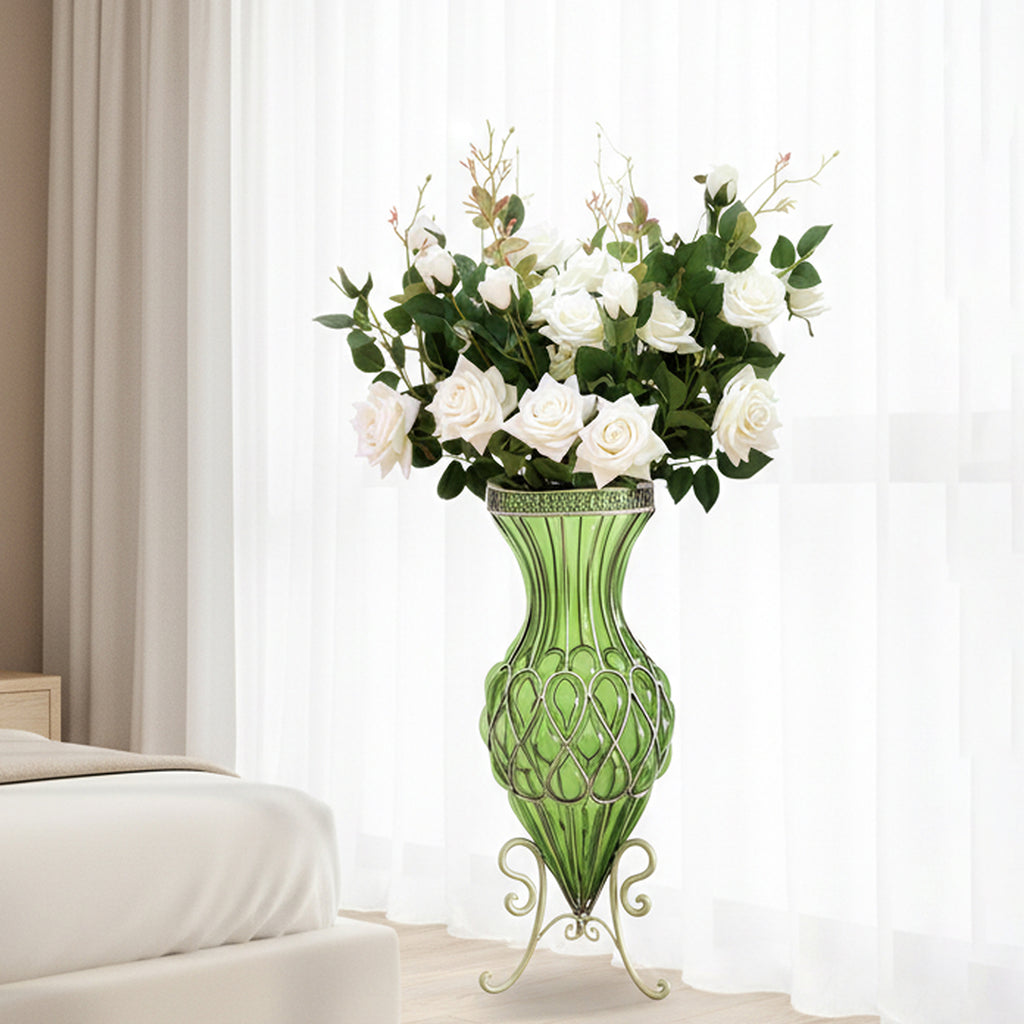 67cm Green Glass Floor Vase and 12pcs White Artificial Flower Set