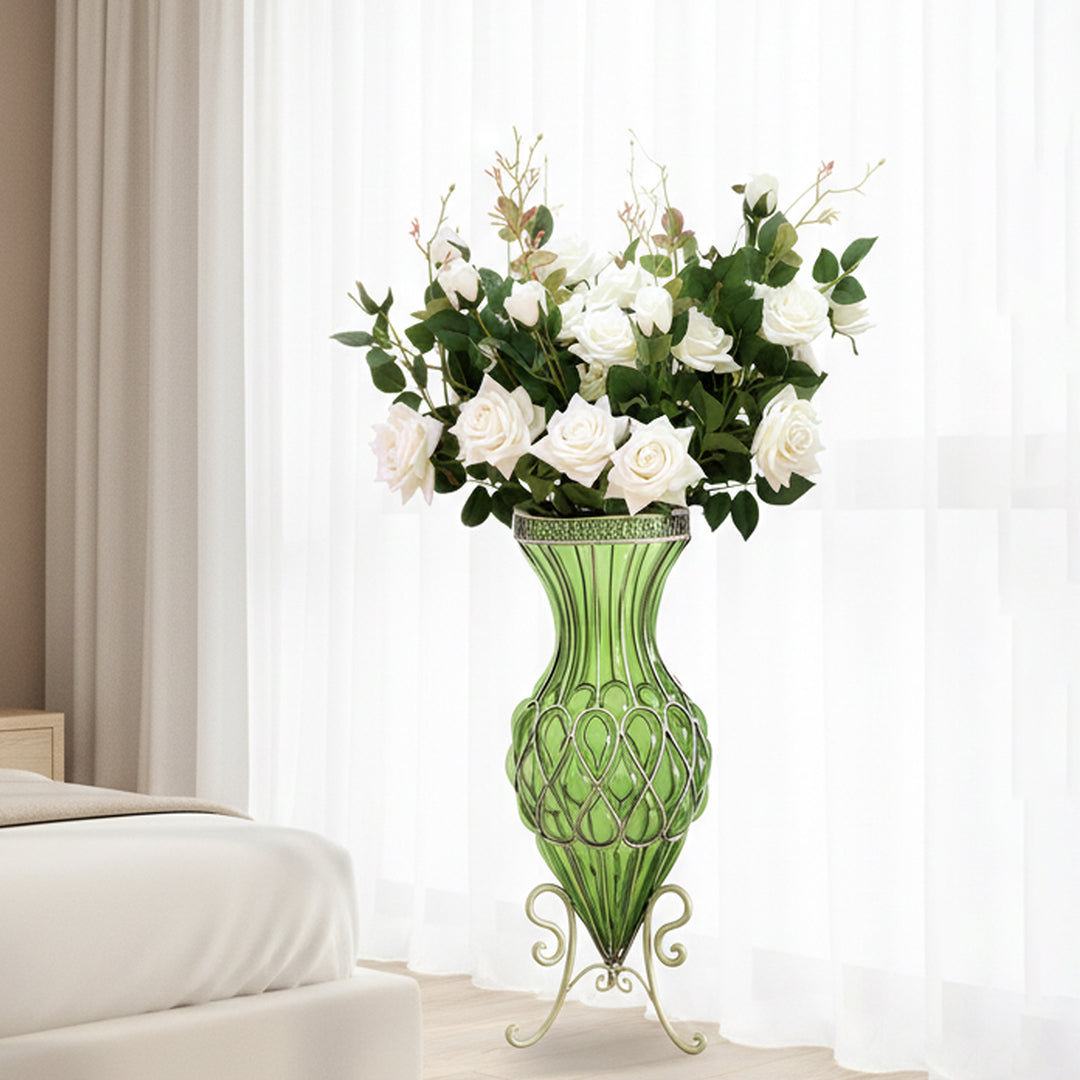 67cm Green Glass Floor Vase and 12pcs White Artificial Flower Set