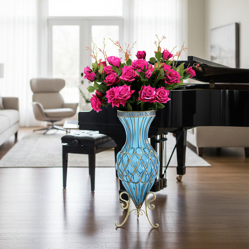 67cm Blue Glass Floor Vase and 12pcs Dark Pink Artificial Flower Set