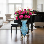67cm Blue Glass Floor Vase and 12pcs Dark Pink Artificial Flower Set