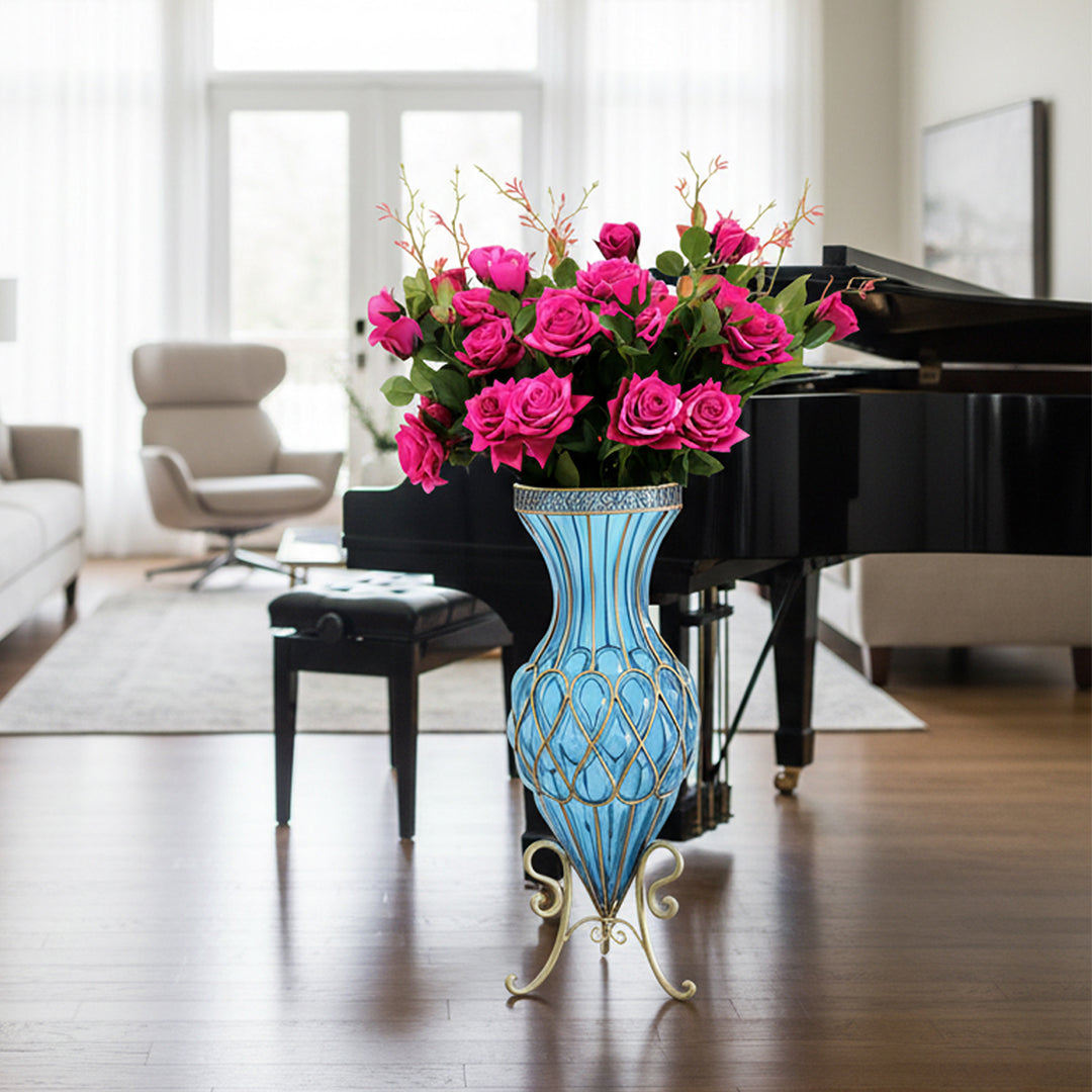 67cm Blue Glass Floor Vase and 12pcs Dark Pink Artificial Flower Set