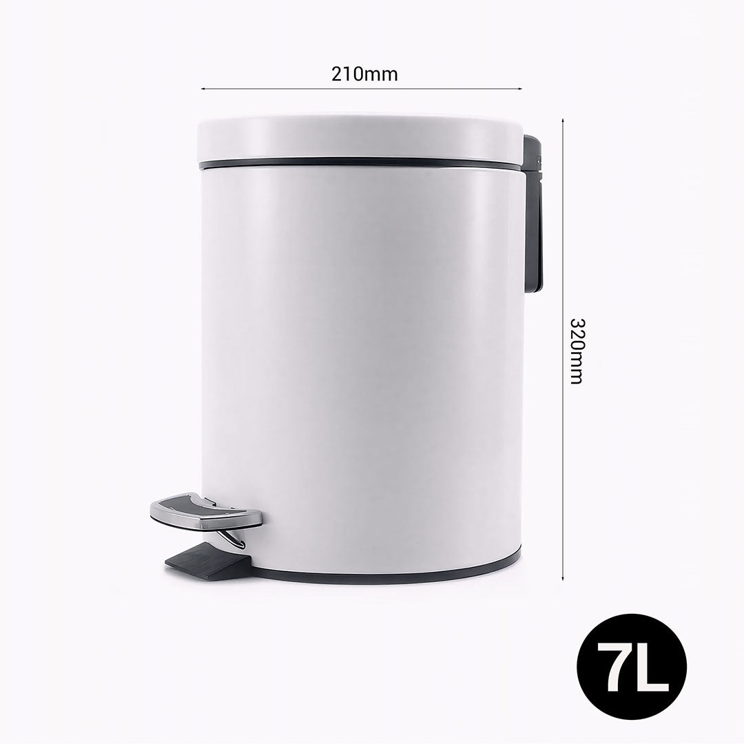 Foot Pedal Stainless Steel Trash Bin Round 7L White