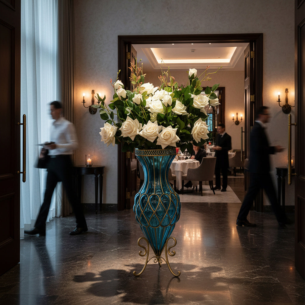 67cm Blue Glass Floor Vase and 12pcs White Artificial Flower Set