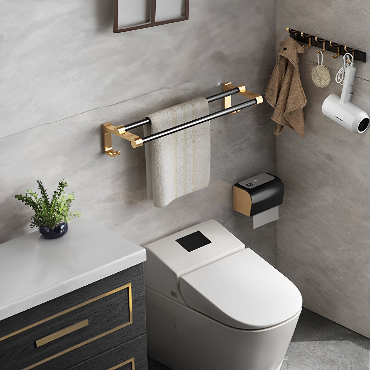 61cm Wall-Mounted Double Pole Towel Holder with Hooks