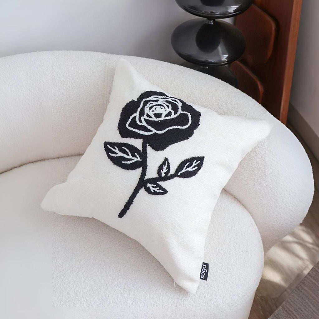 SOGA 45cm White Black Single Rose Embroidered Throw Pillow