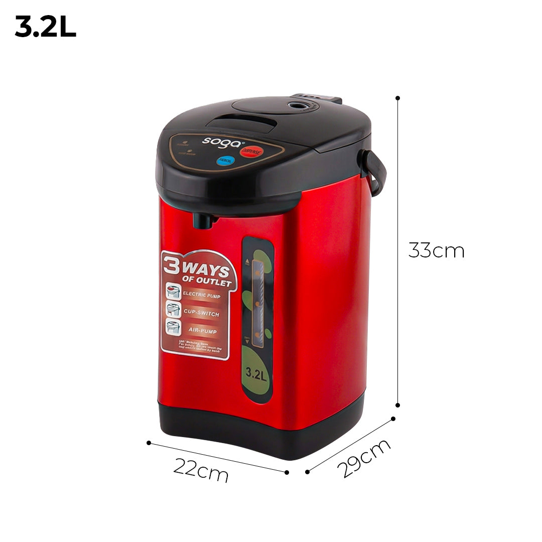 SOGA 2X 3.2L Red Stainless Steel Electric Thermal Pot Dispenser with 3 Dispensing Modes