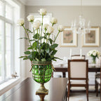 Green European GlassFlower Vase with Metal Handle