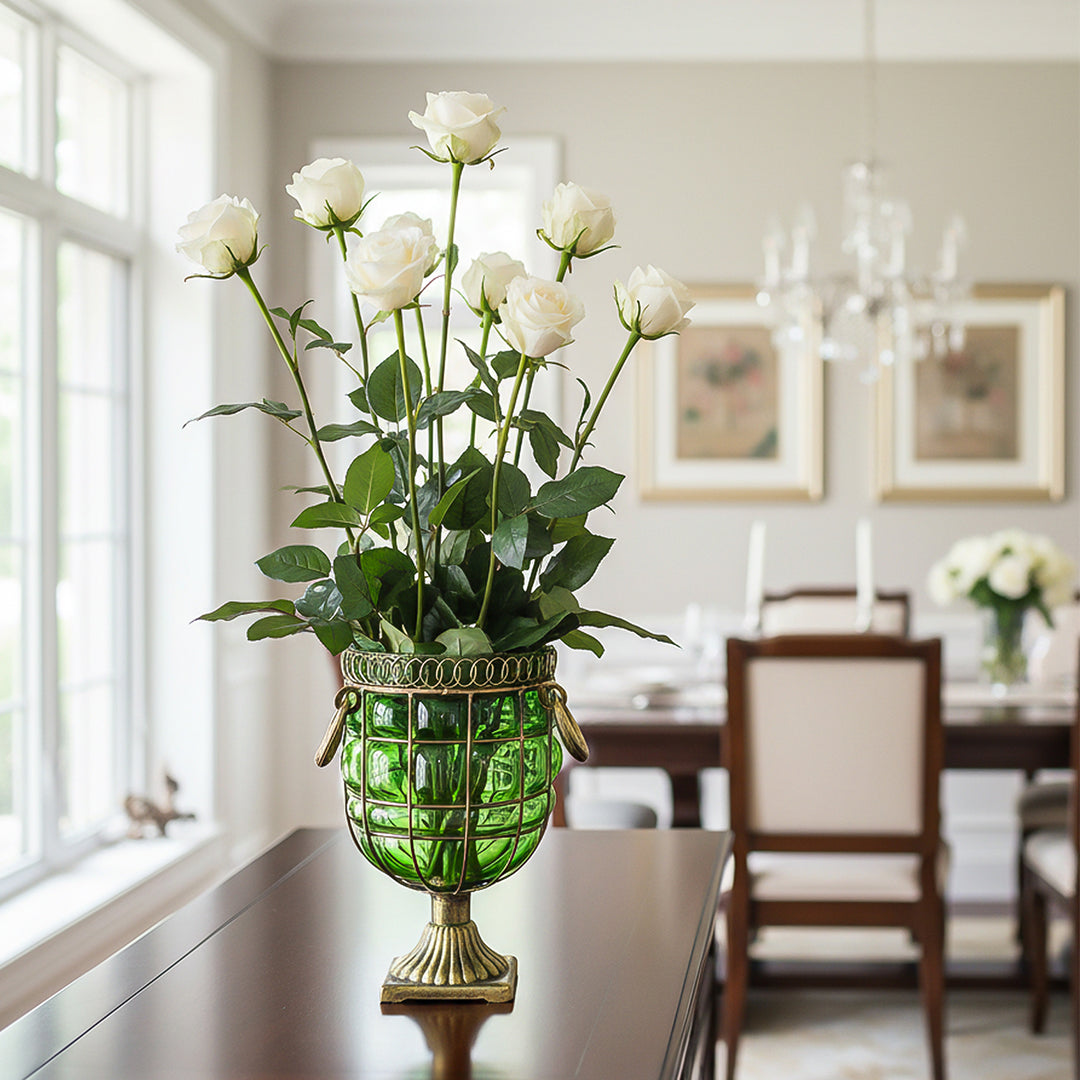 Green European GlassFlower Vase with Metal Handle