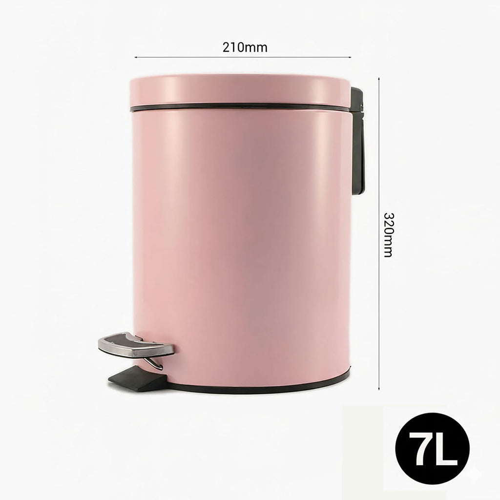 Foot Pedal Stainless Steel Trash Bin Round 7L Pink