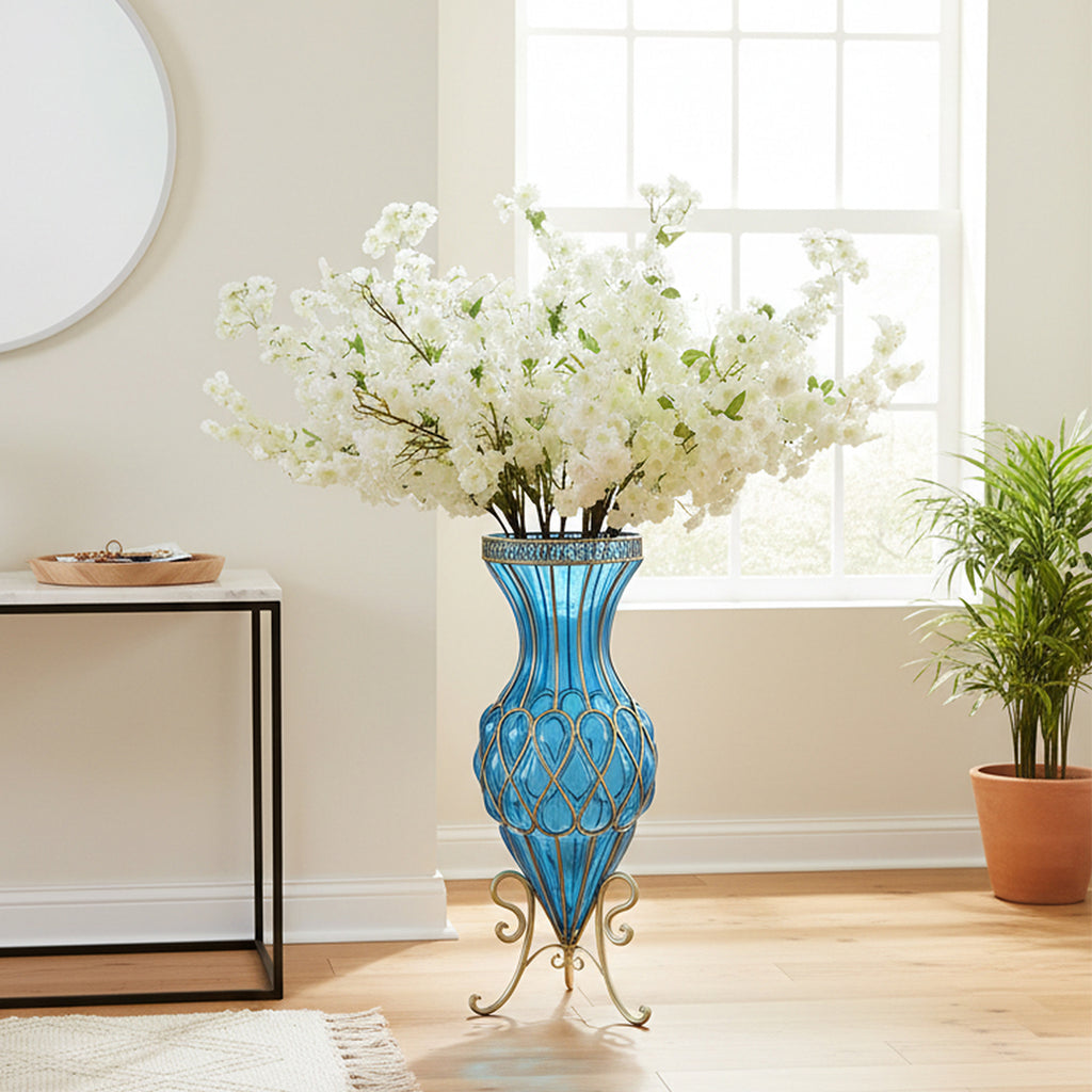 67cm Blue Glass Floor Vase with 10pcs White Artificial Flower Set