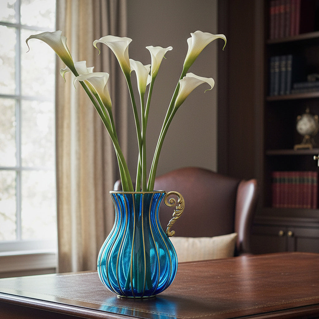 Blue European Glass Flower Vase with Metal Handle
