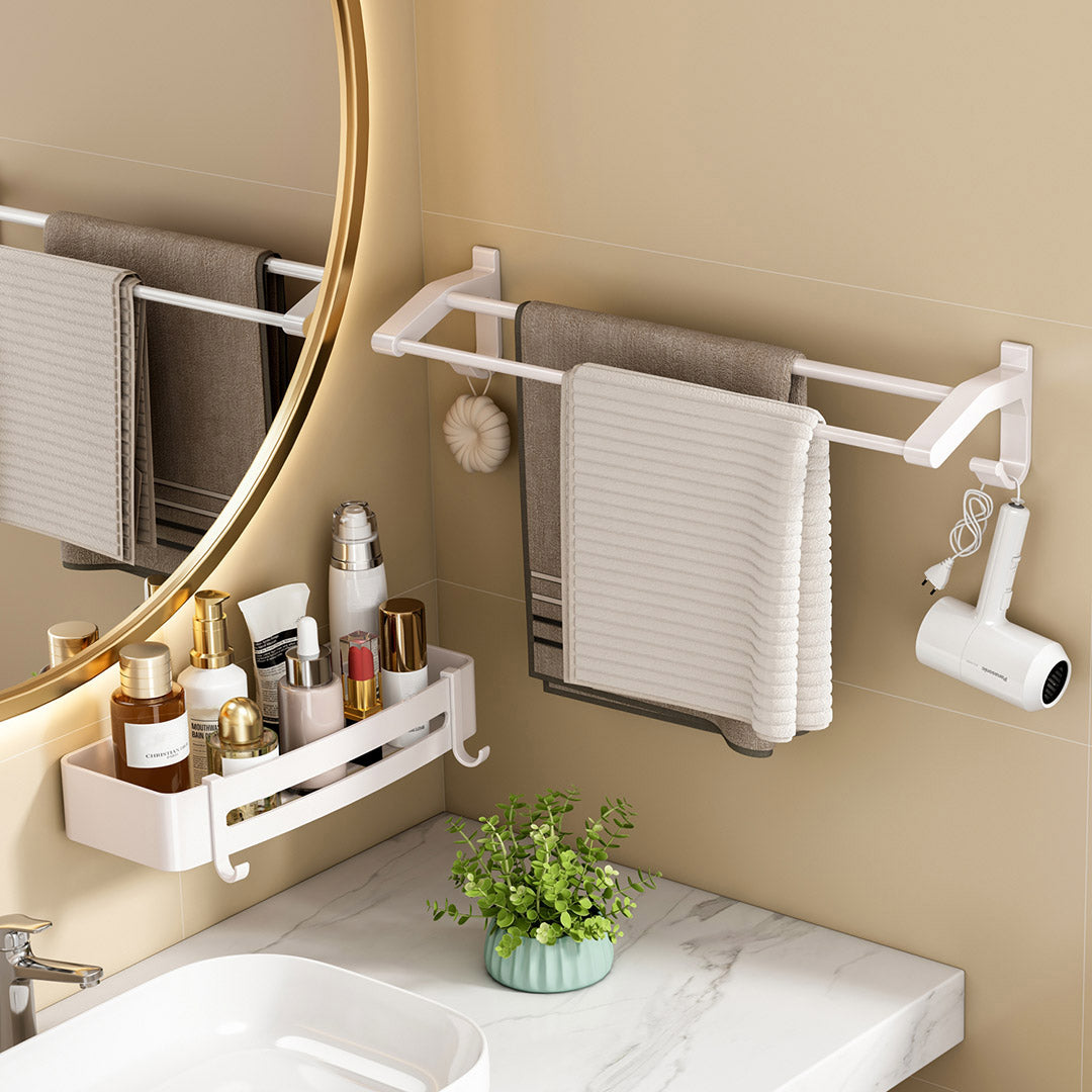 62cm White Wall-Mounted Double Pole Towel Holder with Hooks