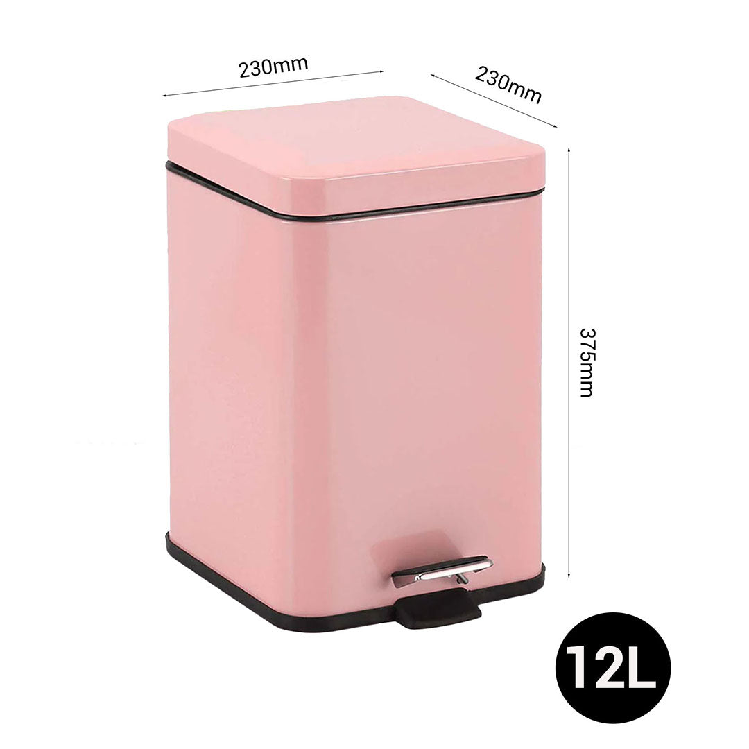 Foot Pedal Stainless Steel Trash Bin Square 12L Pink