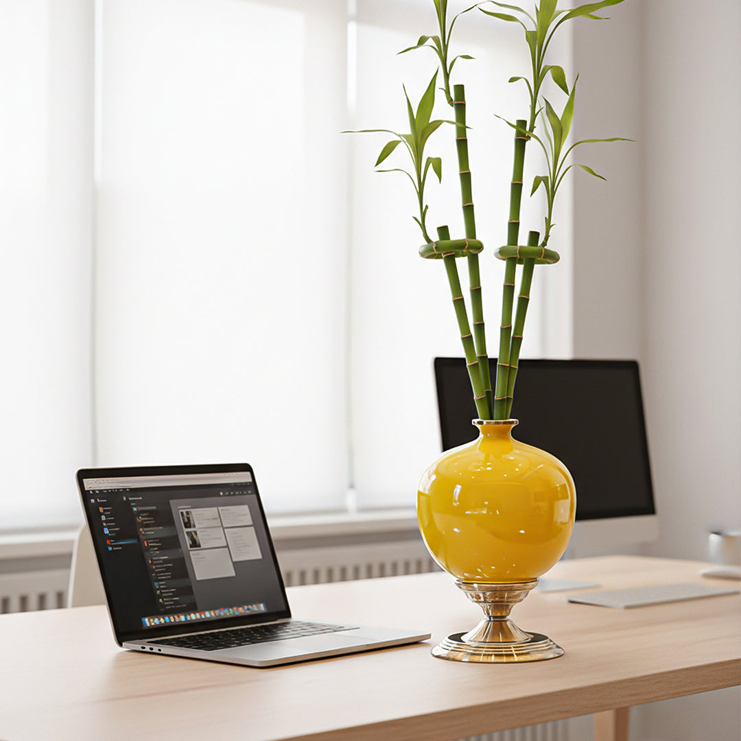 38cm Ceramic Vase with Gold Metal Base Yellow