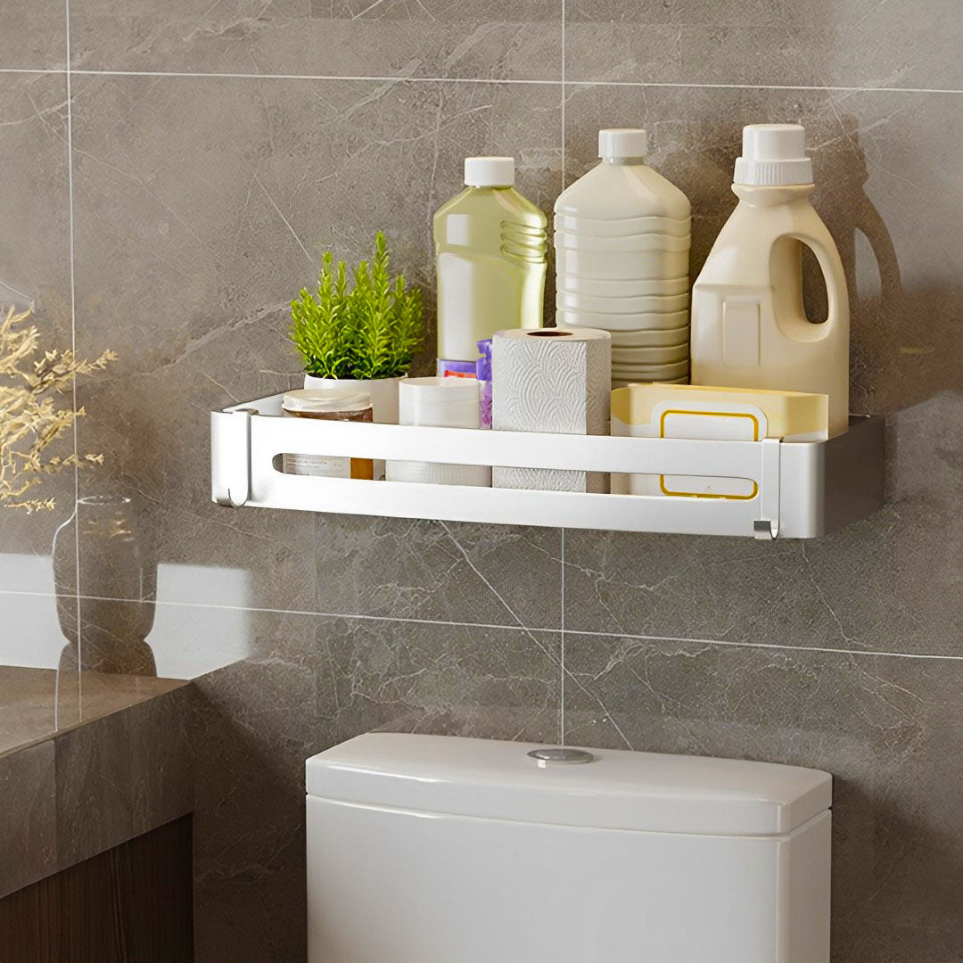 Silver Wall-Mounted Rectangular Bathroom Rack with Hooks