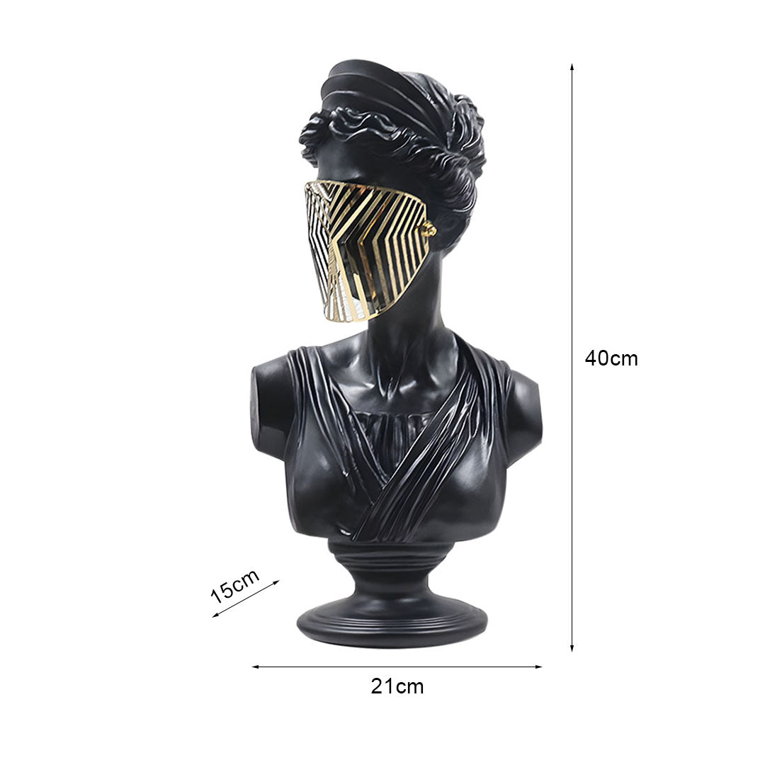 SOGA 40cm Black Classical Bust Sculpture Resin with Gold Striped Mask for Modern Home Décor