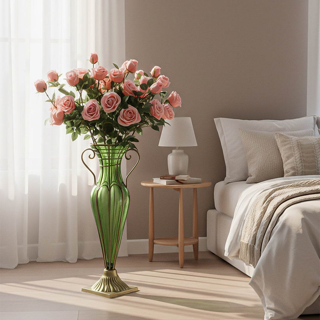 Green Glass Flower Vase with 8 Bunch 5 Heads Artificial Silk Rose Set