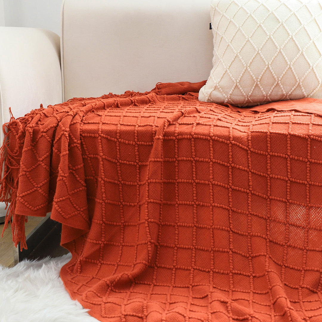 Red Diamond Pattern Knitted Throw Blanket
