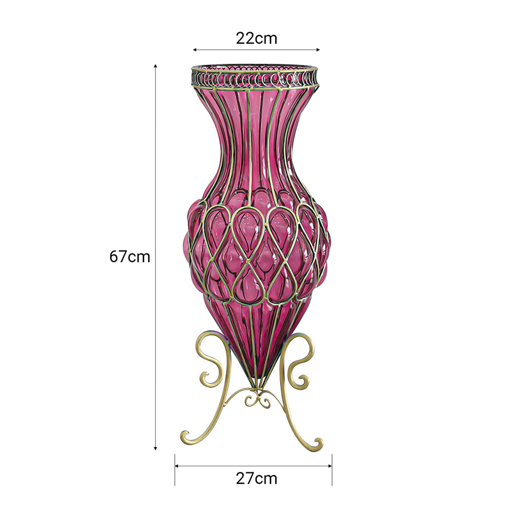 67cm Purple Glass Floor Vase with Metal Stand