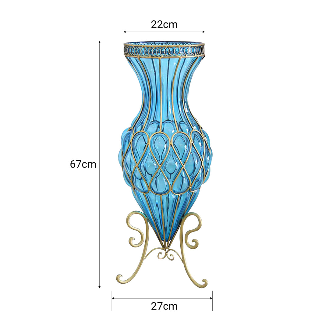 67cm Blue Glass Floor Vase and 12pcs Pink Artificial Flower Set