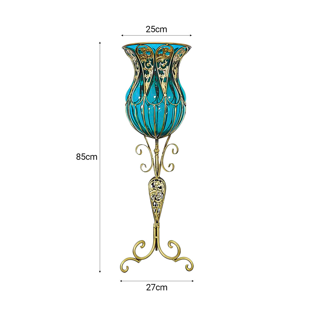 85cm Blue Glass Floor Vase and 12pcs Pink Artificial Flower Set