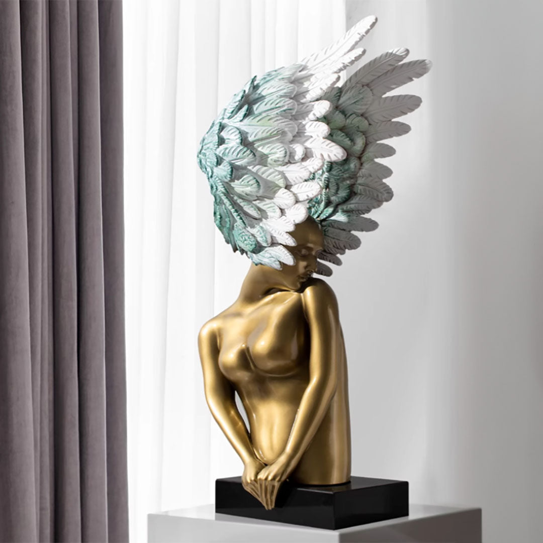 SOGA 86cm Gold Bronze Winged Figure Sculpture with Marble Base