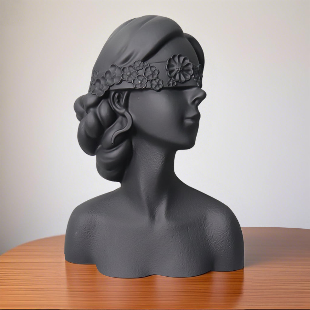 SOGA 36cm Black Resin Sculpture Blindfold Lady Bust Design for Home Décor