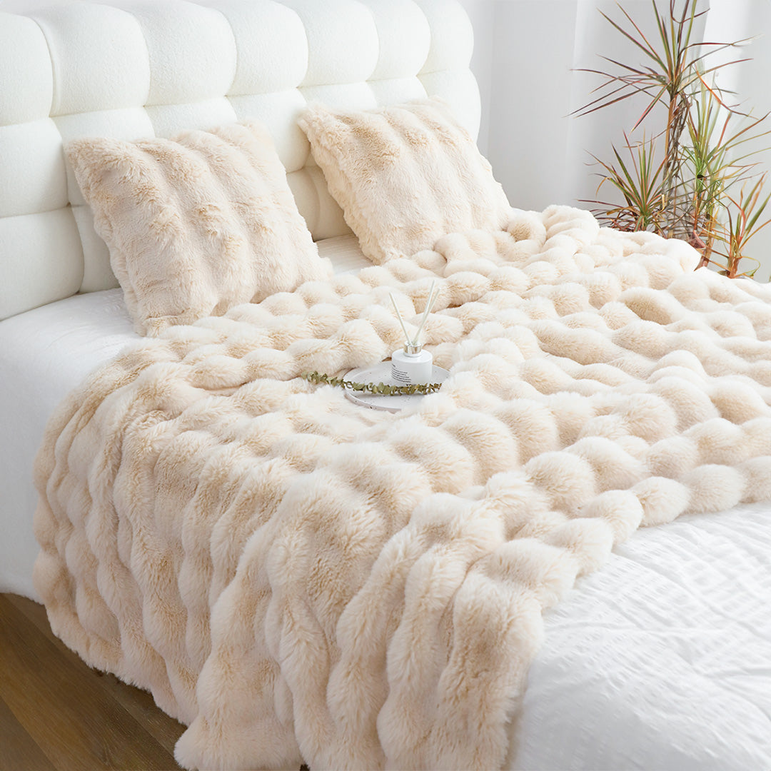 SOGA 160X200cm  Throw Blanket  Light Camel Color Double Layer Rabbit Fur Cozy Comfort with Stylish Decor