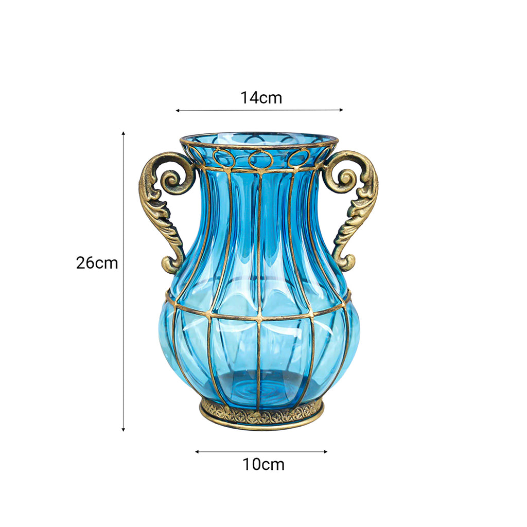 Blue European Glass Flower Vase with Two Metal Handle