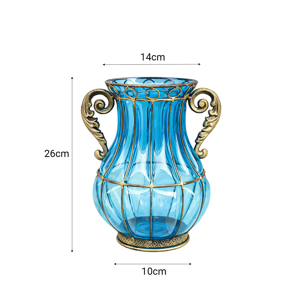 Blue European Glass Flower Vase with Two Metal Handle