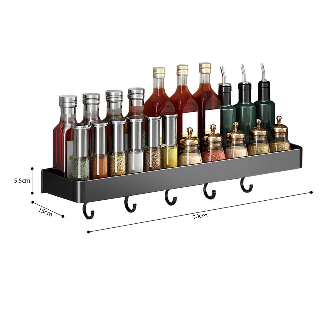 50cm Black Rectangular Kitchen Spice Rack with Hooks