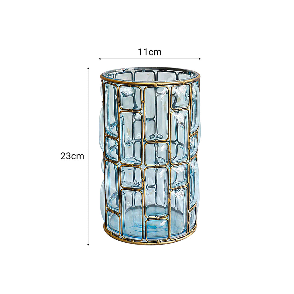 Blue European Glass Flower Vase with Gold Metal Pattern