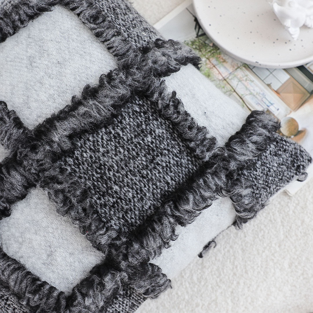 SOGA 50cm Bohemian Gray Fringe Checkerboard Textured Throw Pillow