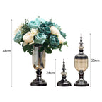2x Clear Black Glass Vase with Lid and Blue Flower Set