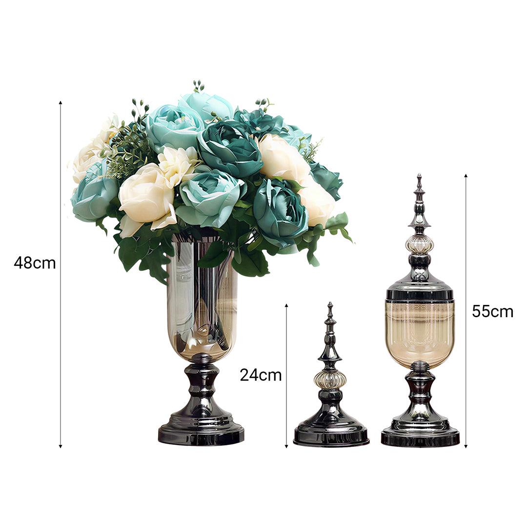2x Clear Black Glass Vase with Lid and Blue Flower Set