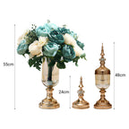 2x Clear Gold Glass Vase with Lid and Blue Flower Set