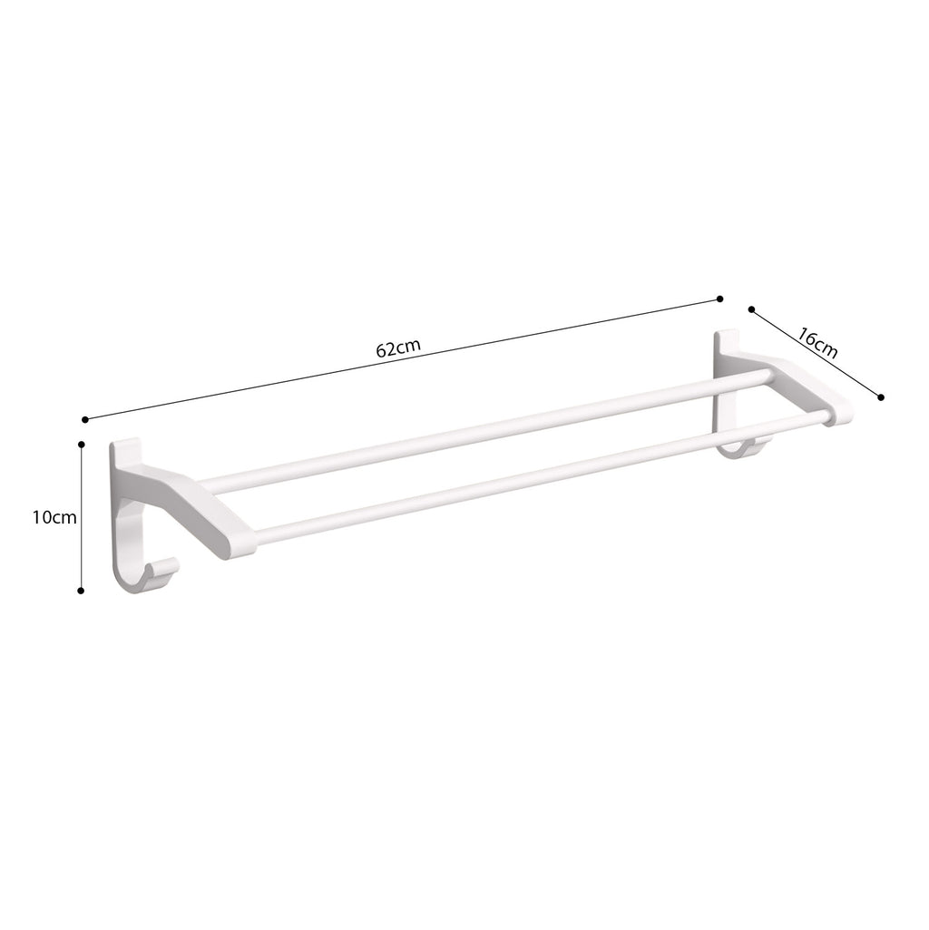 62cm White Wall-Mounted Double Pole Towel Holder with Hooks