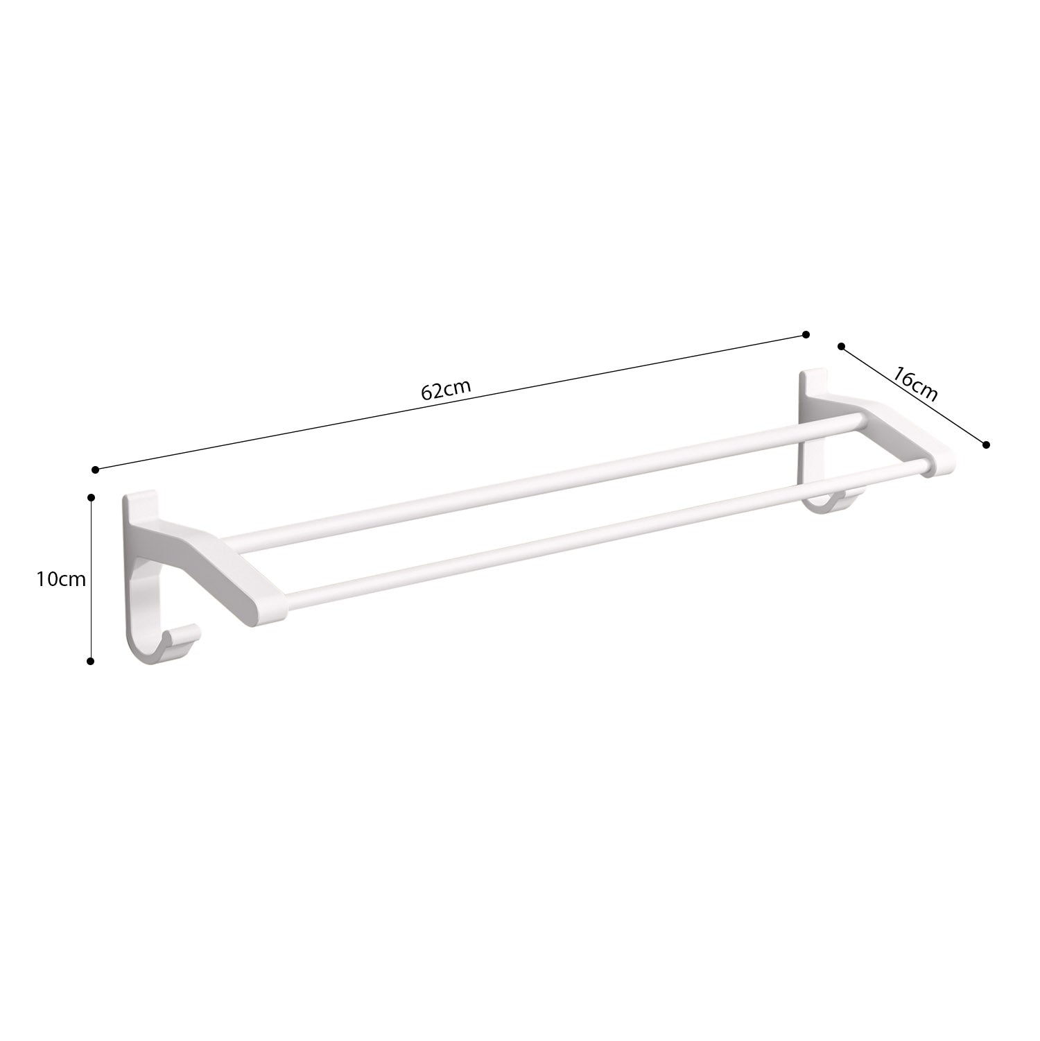 62cm White Wall-Mounted Double Pole Towel Holder with Hooks