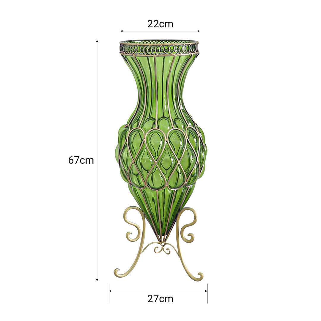 67cm Green Glass Floor Vase with Metal Stand
