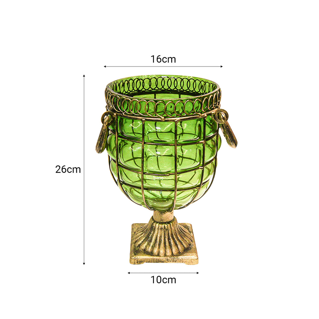 Green European GlassFlower Vase with Metal Handle