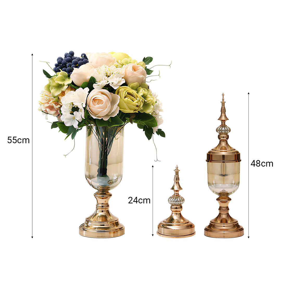 2x Clear Gold Glass Vase with Lid and White Flower Set