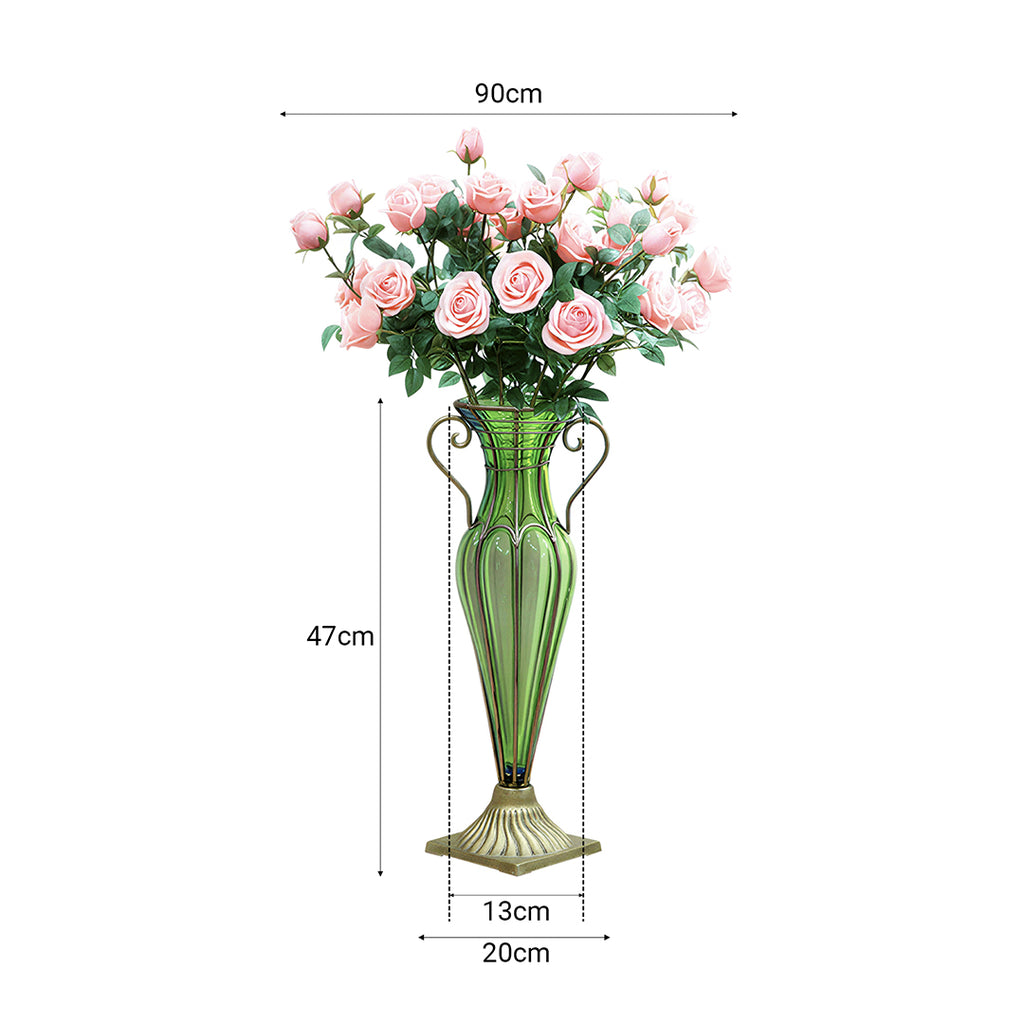 Green Glass Flower Vase with 8 Bunch 5 Heads Artificial Silk Rose Set