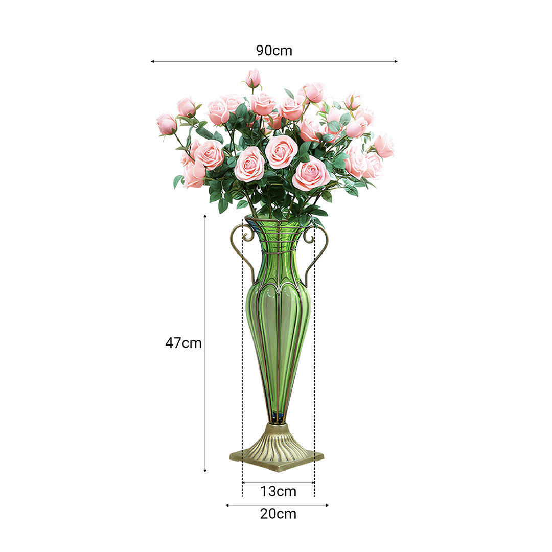 Green Glass Flower Vase with 8 Bunch 5 Heads Artificial Silk Rose Set