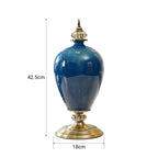 42cm Ceramic Vase with Gold Metal Base Dark Blue