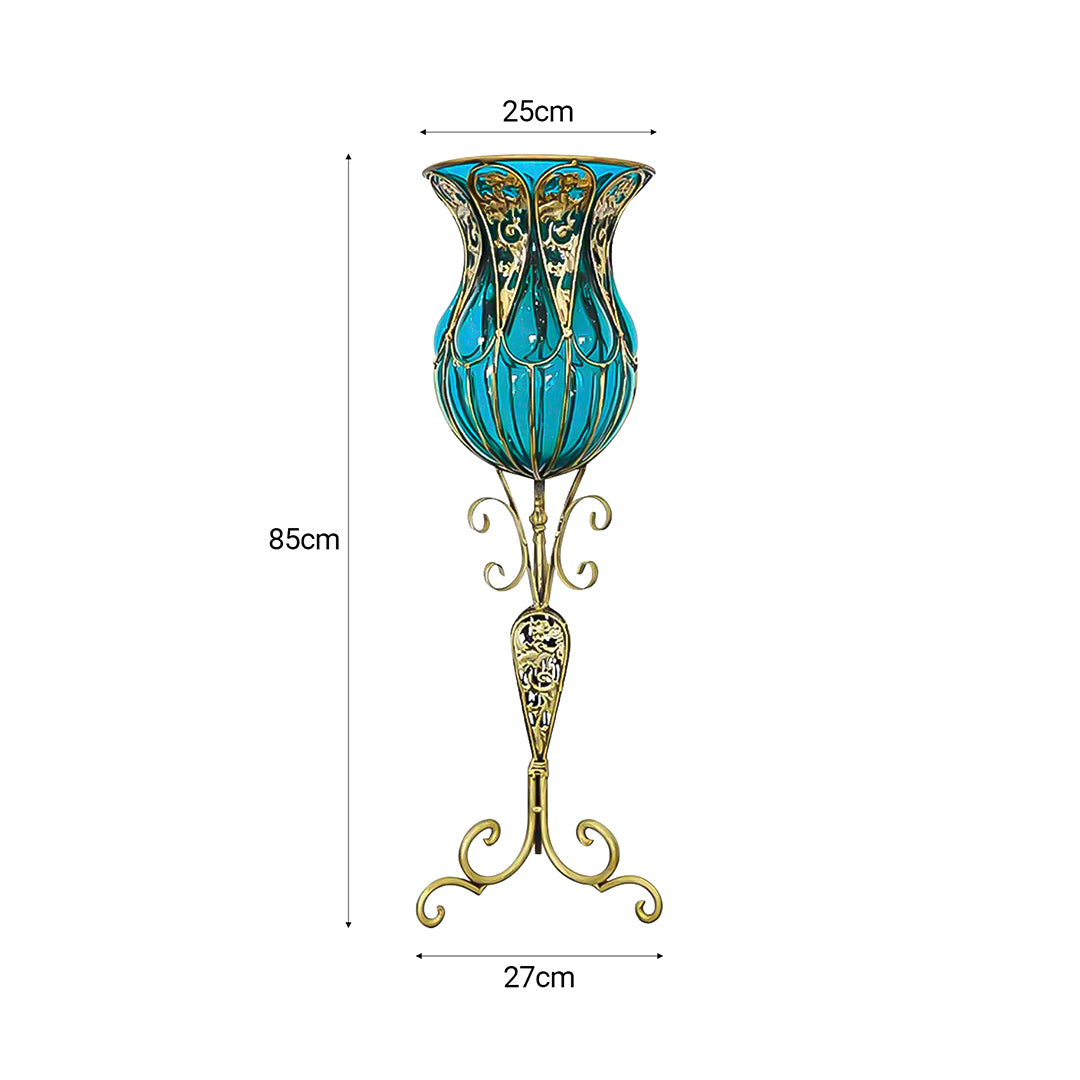 85cm Blue Glass Floor Vase and 12pcs Dark Pink Artificial Flower Set