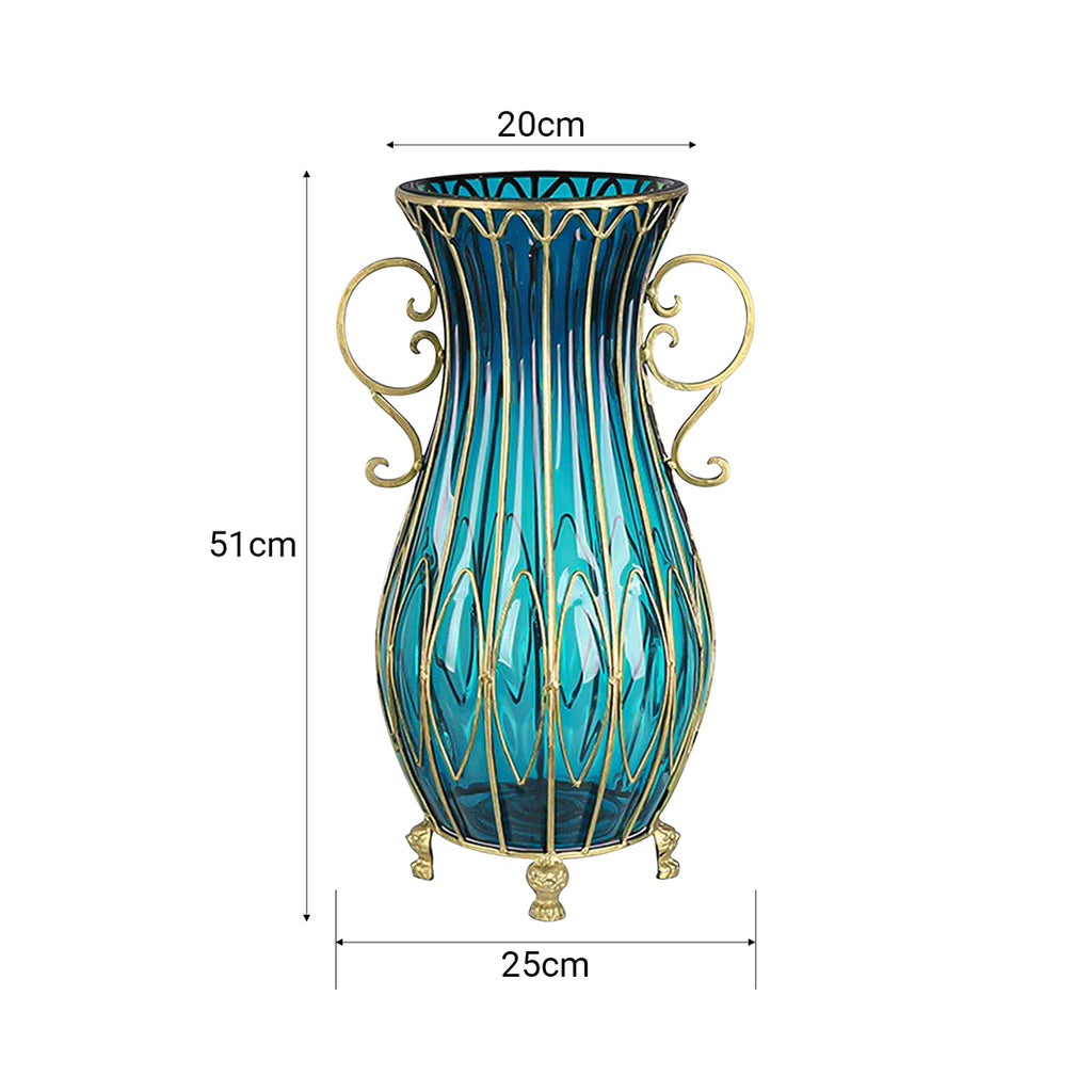 51cm Blue Glass Floor Vase and 10pcs White Artificial Flower Set