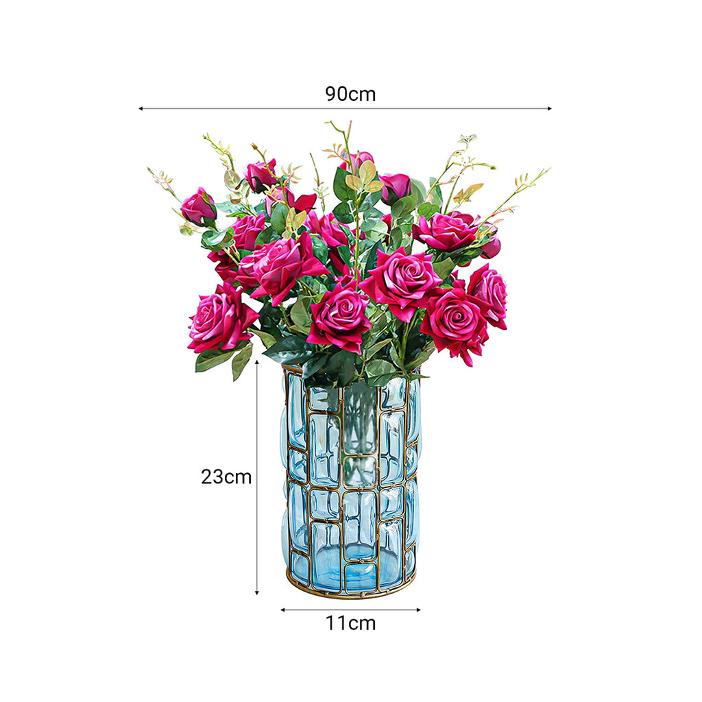 Blue Glass Cylinder Flower Vase with 8 Bunch 5 Heads Artificial Silk Rose Set