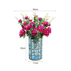 Blue Glass Cylinder Flower Vase with 8 Bunch 5 Heads Artificial Silk Rose Set